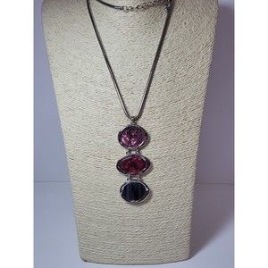 Chico's Statement Long Necklace Chunky Silvertone Jewel Tone Cabochon Red Purple